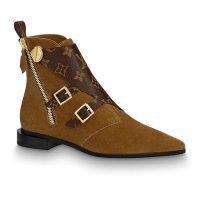 Louis Vuitton LV Women Jumble Flat Ankle Boot in Suede Calf Leather and Patent Monogram Canvas-Brown (1)