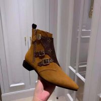 Louis Vuitton LV Women Jumble Flat Ankle Boot in Suede Calf Leather and Patent Monogram Canvas-Brown (1)