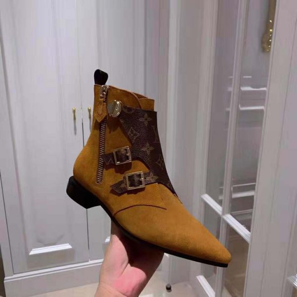 Louis Vuitton LV Women Jumble Flat Ankle Boot in Suede Calf Leather and Patent Monogram Canvas-Brown (2)