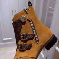 Louis Vuitton LV Women Jumble Flat Ankle Boot in Suede Calf Leather and Patent Monogram Canvas-Brown (1)