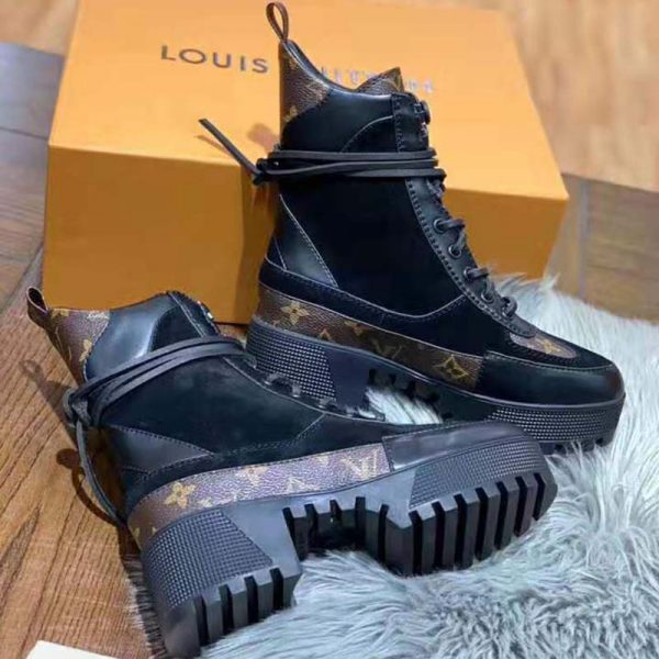 Louis Vuitton LV Women Laureate Platform Desert Boot in Soft Suede Calf Leather with Monogram Canvas-Black (4)