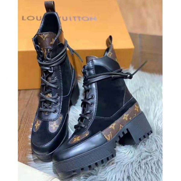 Louis Vuitton LV Women Laureate Platform Desert Boot in Soft Suede Calf Leather with Monogram Canvas-Black (8)