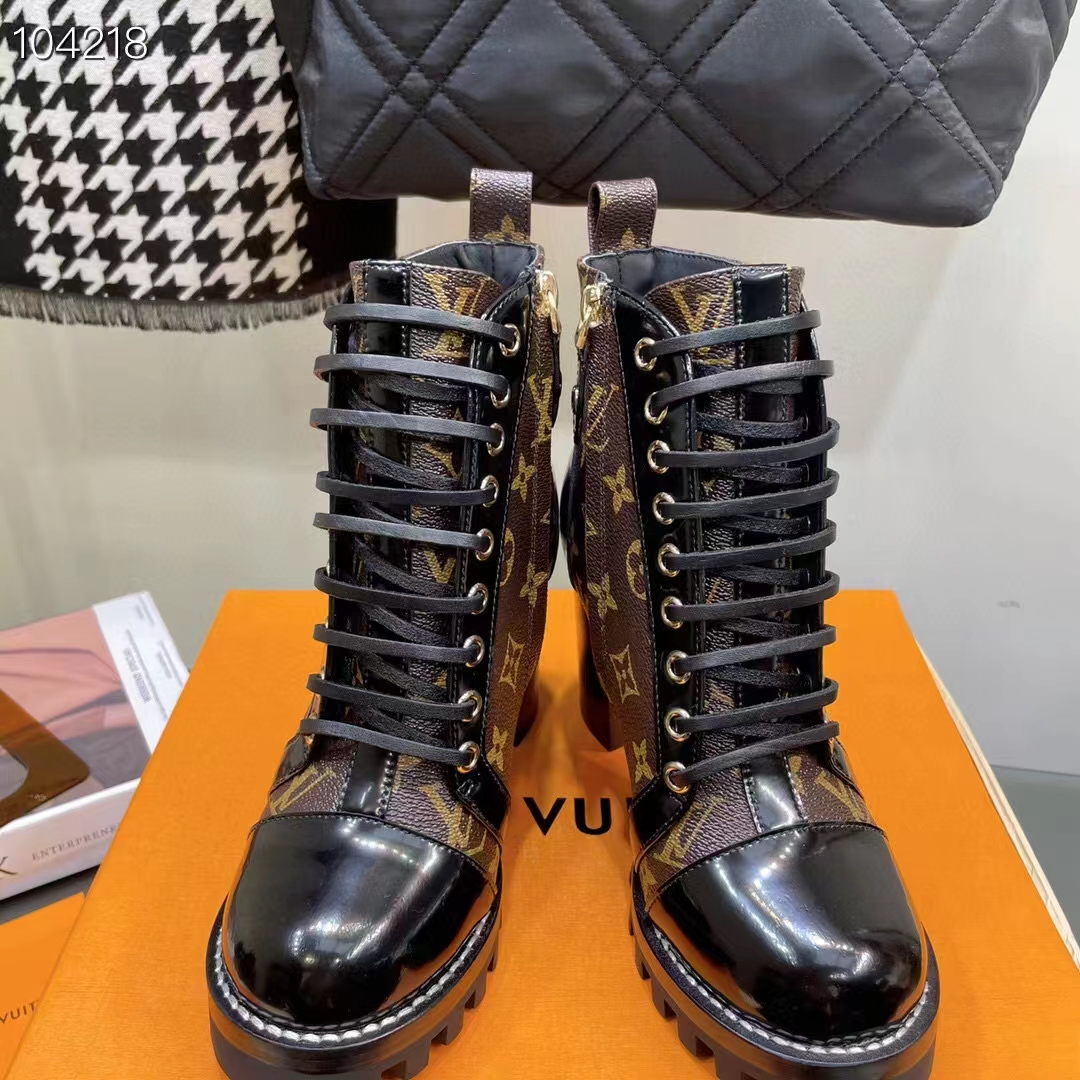 Louis Vuitton LV Women Star Trail Ankle Boot in Black Calf Leather with Monogram Canvas-Brown (4)