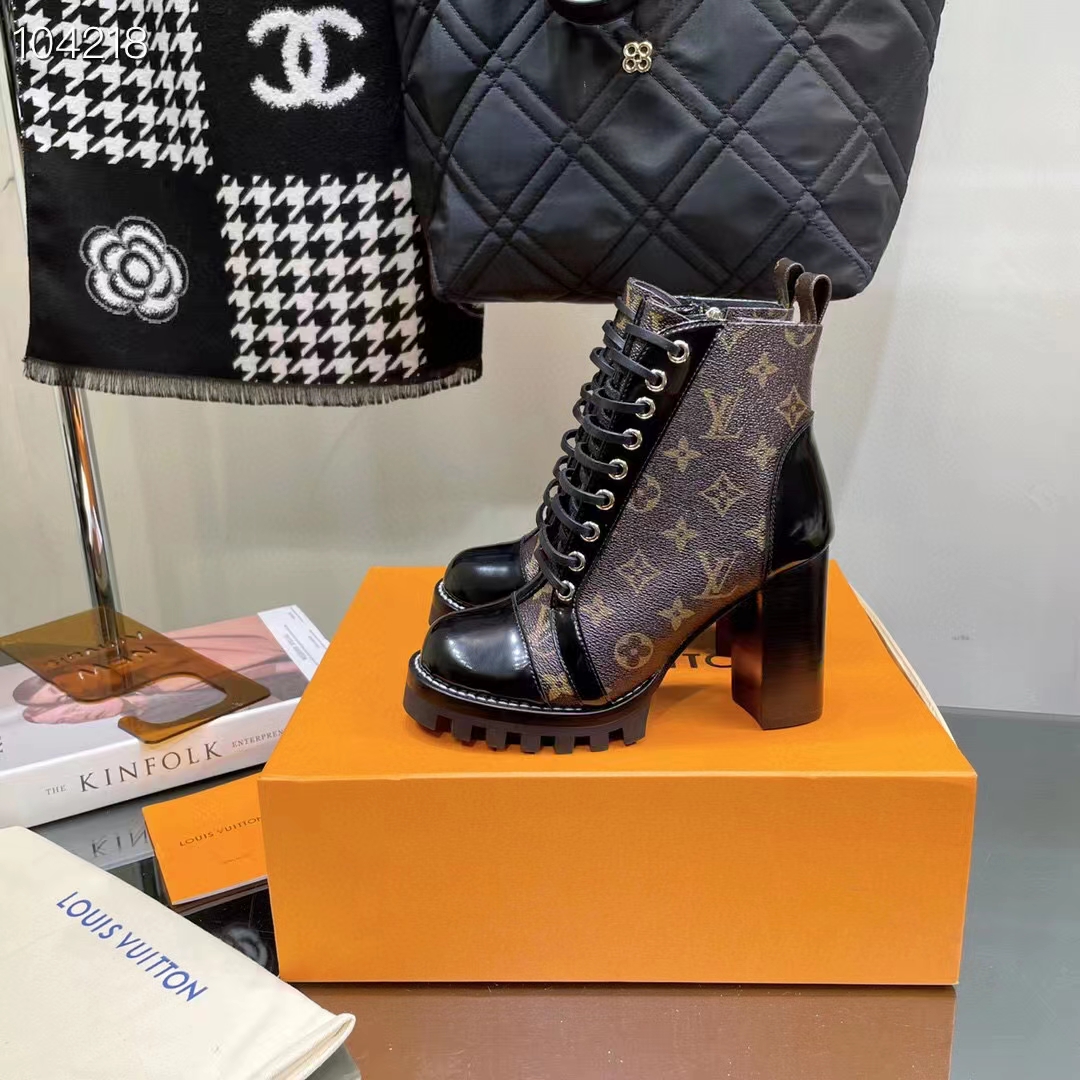 Louis Vuitton LV Women Star Trail Ankle Boot in Black Calf Leather with Monogram Canvas-Brown (6)