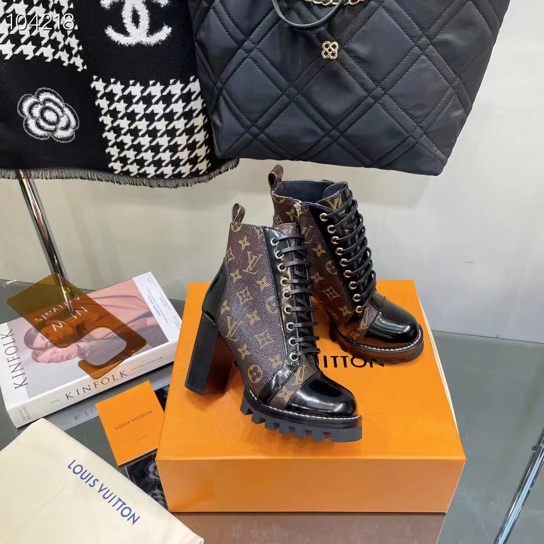 Louis Vuitton LV Women Star Trail Ankle Boot in Black Calf Leather with Monogram Canvas-Brown (7)