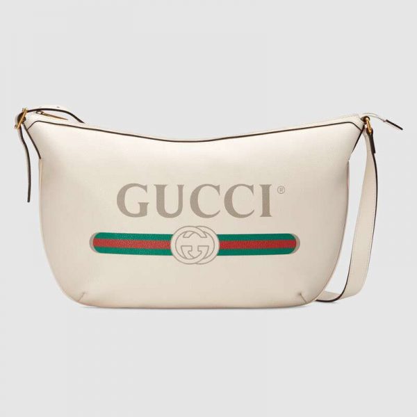 Gucci GG Unisex Gucci Print Half-Moon Hobo Bag in Leather with Gucci Vintage Logo-White