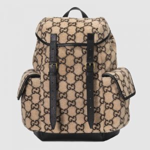 Gucci GG Unisex Small GG Wool Backpack in Wool and Leather-Beige