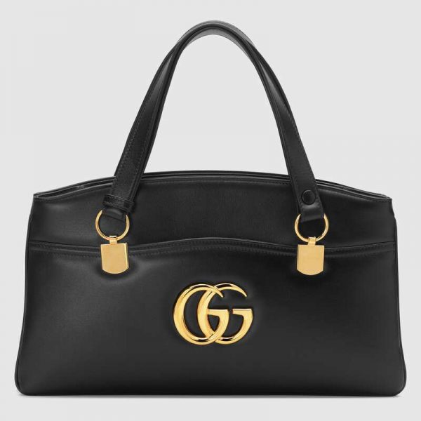 Gucci GG Women Arli Large Top Handle Bag With Gold-Toned Double G Metal Hardware-Black