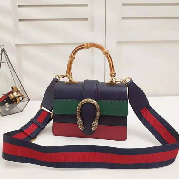 Gucci GG Women Dionysus Medium Top Handle Bag in Blue Gucci Green and Hibiscus Red Leather (5)