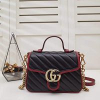 Gucci GG Women GG Marmont Mini Top Handle Bag in Black Diagonal Matelassé Leather (1)