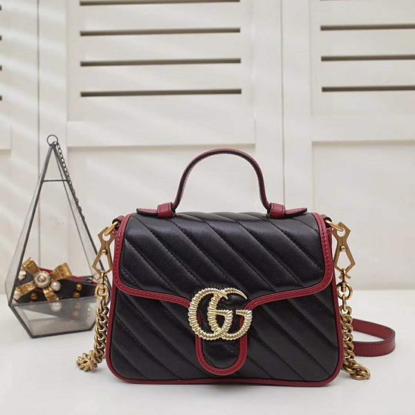 Gucci GG Women GG Marmont Mini Top Handle Bag in Black Diagonal Matelassé Leather (2)