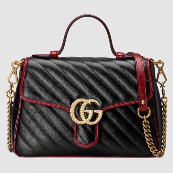 Gucci GG Women GG Marmont Small Top Handle Bag in Black Diagonal Matelassé Leather (1)