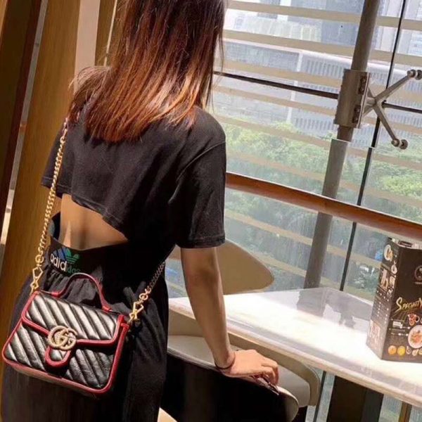 Gucci GG Women GG Marmont Small Top Handle Bag in Black Diagonal Matelassé Leather (11)