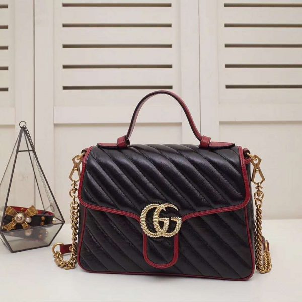 Gucci GG Women GG Marmont Small Top Handle Bag in Black Diagonal Matelassé Leather (2)
