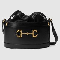 Gucci GG Women Gucci 1955 Horsebit Bucket Bag in Textured Leather Bottom-Blue (1)