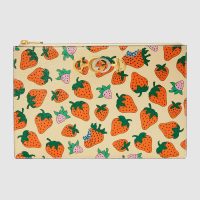 Gucci GG Women Gucci Zumi Strawberry Print Pouch in Ivory Leather