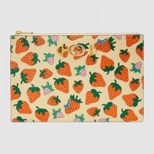 Gucci GG Women Gucci Zumi Strawberry Print Pouch in Ivory Leather