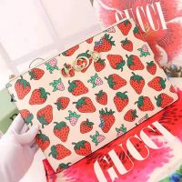 Gucci GG Women Gucci Zumi Strawberry Print Pouch in Ivory Leather (1)