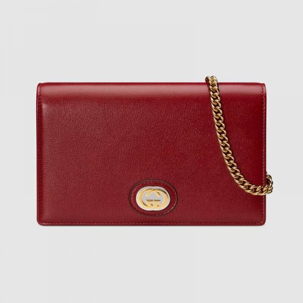 Gucci GG Women Leather Chain Card Case Wallet in Textured Leather-Red (1)