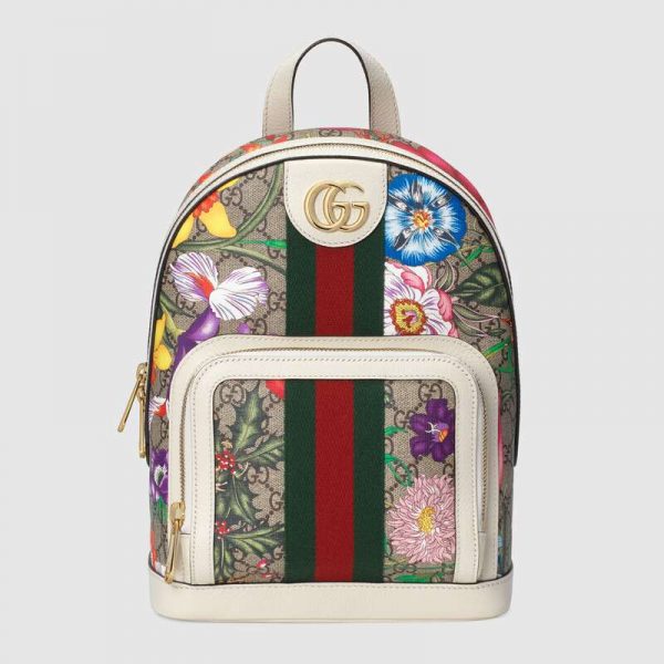 Gucci GG Women Ophidia GG Flora Small Backpack in BeigeEbony GG Supreme Canvas (1)