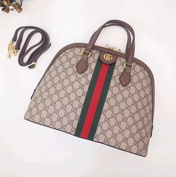 Gucci GG Women Ophidia GG Medium Top Handle in BeigeEbony GG Supreme Canvas (10)