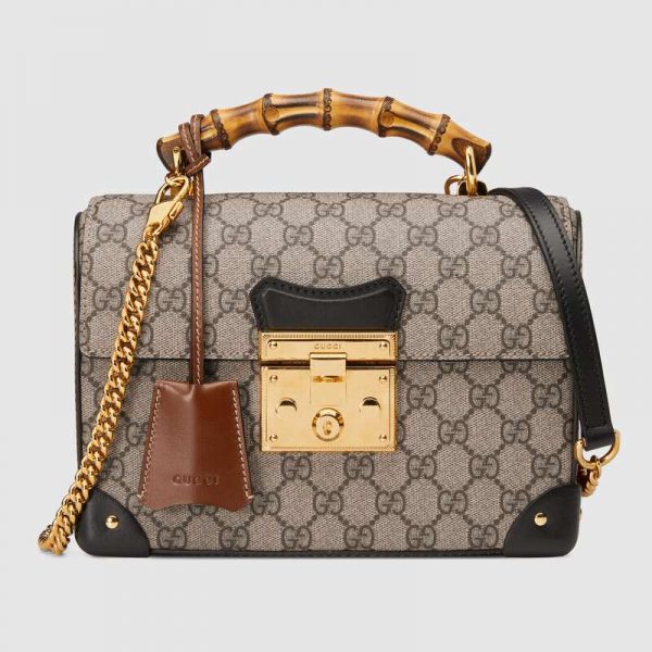 Gucci GG Women Padlock GG Small Bamboo Shoulder Bag in BeigeEbony GG Supreme Canvas (9)