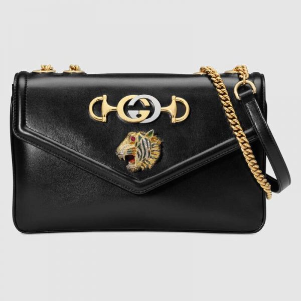 Gucci GG Women Rajah Medium Shoulder Bag in Leather with Tiger Head-Black (9)