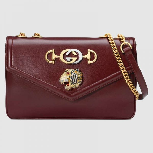 Gucci GG Women Rajah Medium Shoulder Bag in Leather with Tiger Head-Maroon (2)