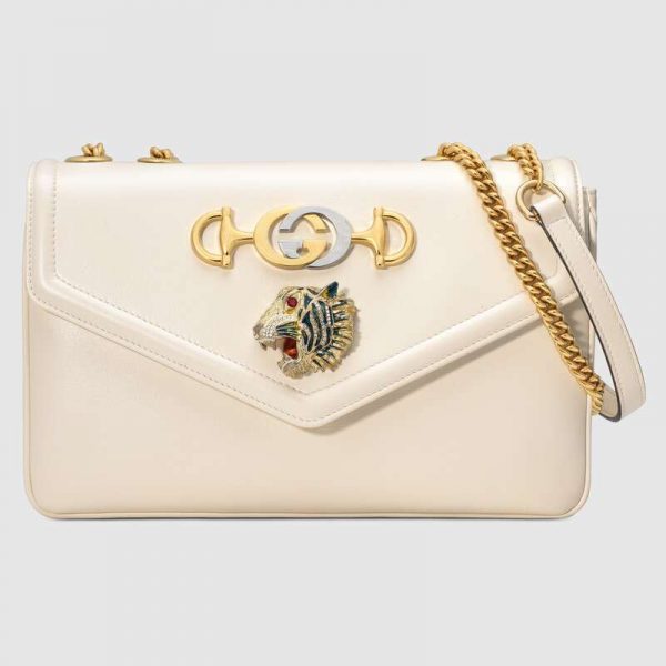 Gucci GG Women Rajah Medium Shoulder Bag in Leather with Tiger Head-White (2)