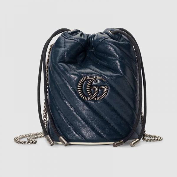 Gucci Women GG Marmont Mini Bucket Bag in Blue Diagonal Matelassé Leather (1)