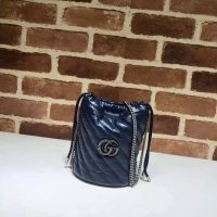 Gucci Women GG Marmont Mini Bucket Bag in Blue Diagonal Matelassé Leather (1)