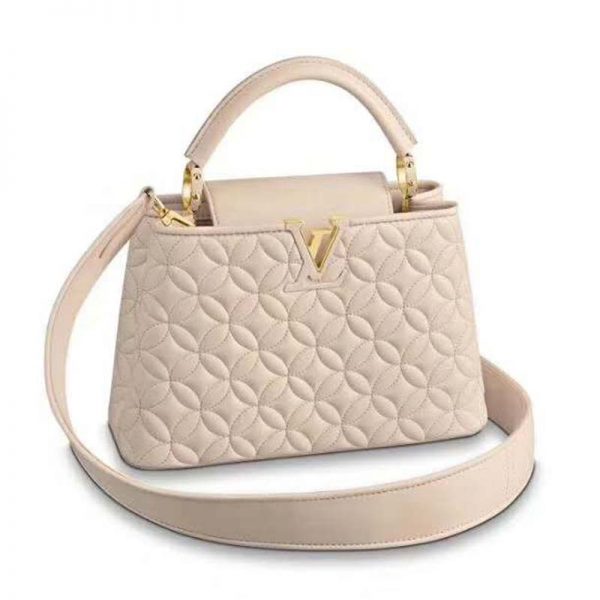 Louis Vuitton LV Women Capucines PM Handbag in Lambskin with Monogram Flowers-White