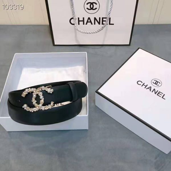Chanel Women Calfskin Gold-Tone Metal Glass Pearls Strass & Resin Belt-Black (2)