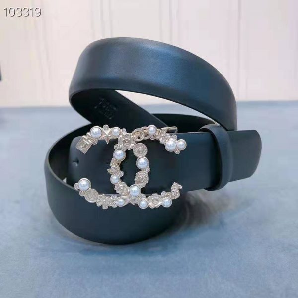 Chanel Women Calfskin Gold-Tone Metal Glass Pearls Strass & Resin Belt-Black (4)