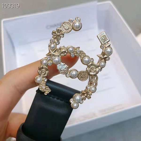 Chanel Women Calfskin Gold-Tone Metal Glass Pearls Strass & Resin Belt-Black (5)