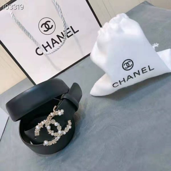 Chanel Women Calfskin Gold-Tone Metal Glass Pearls Strass & Resin Belt-Black (7)