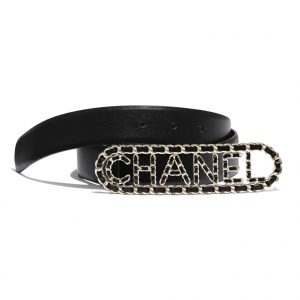 Chanel Women Calfskin Gold-Tone Metal & Lambskin Belt-Black
