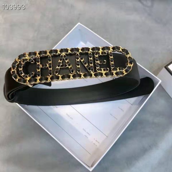 Chanel Women Calfskin Gold-Tone Metal & Lambskin Belt-Black (8)