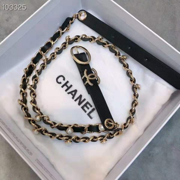 Chanel Women Lambskin Gold-Tone Metal & Glass Pearls Belt-Black (5)