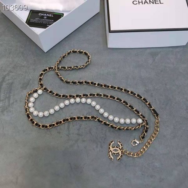 Chanel Women Metal Glass Pearls Lambskin & Strass Belt-Black (10)
