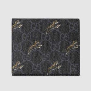 Gucci GG Men GG Wallet with Tiger Print in BlackGrey GG Supreme Canvas