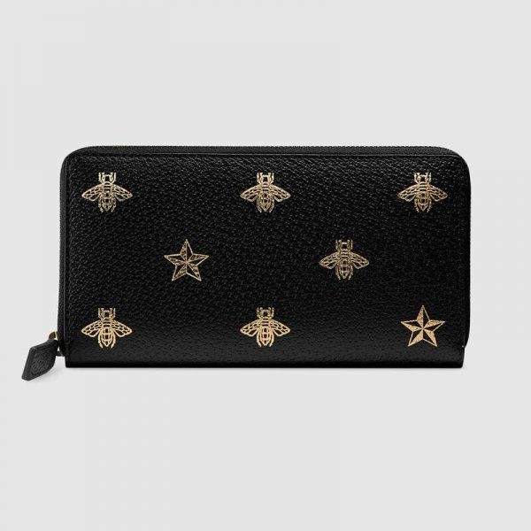 Gucci GG Unisex Bee Star Leather Zip Around Wallet in Black Metal-Free Tanned Leather (1)