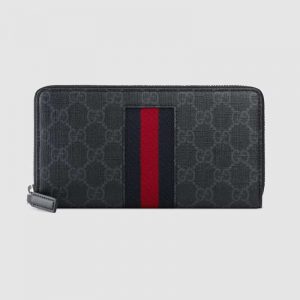 Gucci GG Unisex GG Supreme Web Zip Around Wallet in BlackGrey GG Supreme Canvas