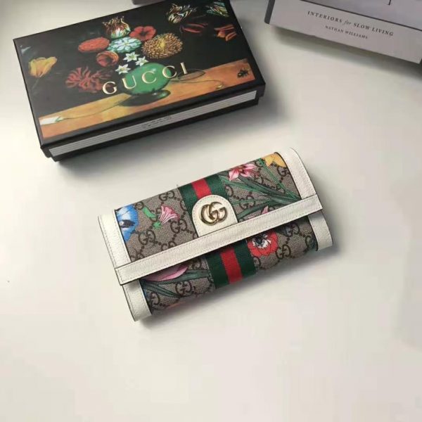 Gucci GG Women Ophidia GG Flora Continental Wallet in BeigeEbony GG Supreme Canvas (9)