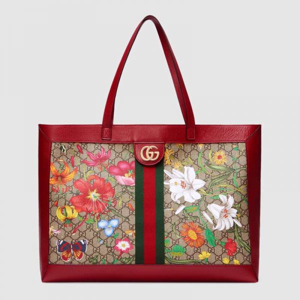 Gucci GG Women Ophidia GG Flora Medium Tote in BeigeEbony GG Supreme Canvas (1)