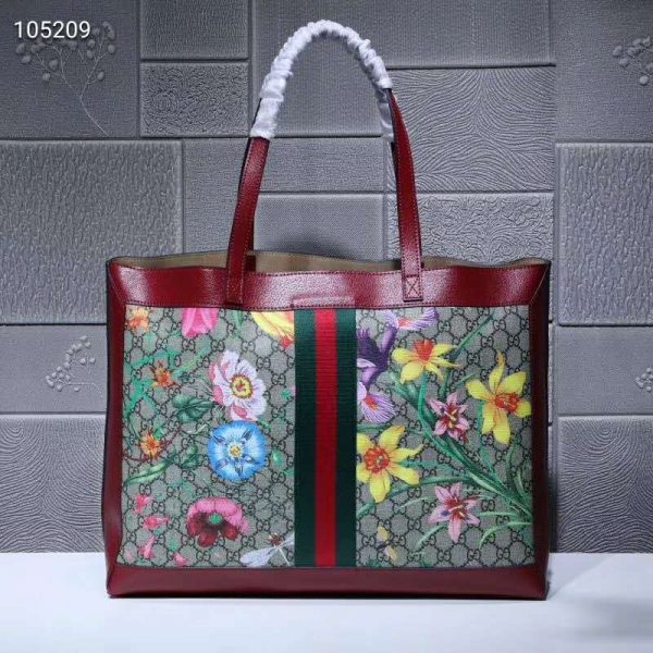 Gucci GG Women Ophidia GG Flora Medium Tote in BeigeEbony GG Supreme Canvas (3)