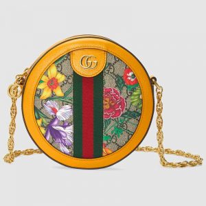 Gucci GG Women Ophidia GG Flora Mini Round Shoulder Bag in BeigeEbony GG Supreme Canvas