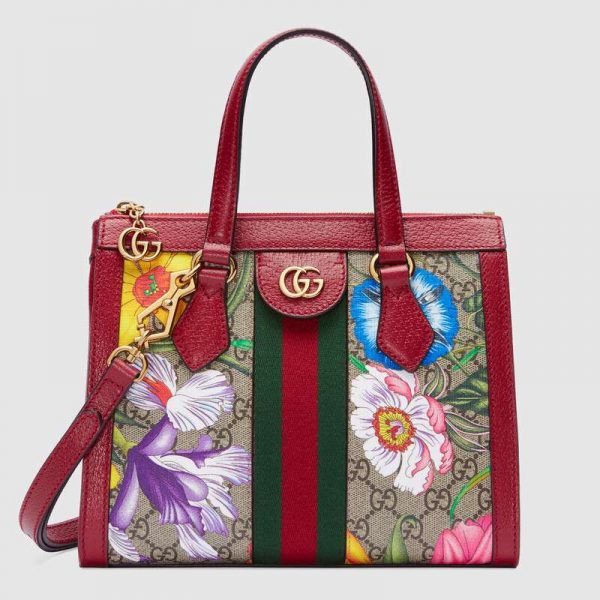 Gucci GG Women Ophidia GG Flora Small Tote Bag in BeigeEbony GG Supreme Canvas (1)