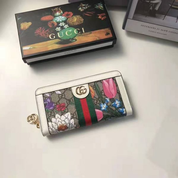 Gucci GG Women Ophidia GG Flora Zip Around Wallet in BeigeEbony GG Supreme Canvas (7)