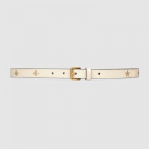 Gucci Unisex Belt with Bees and Stars Print in Leather-White